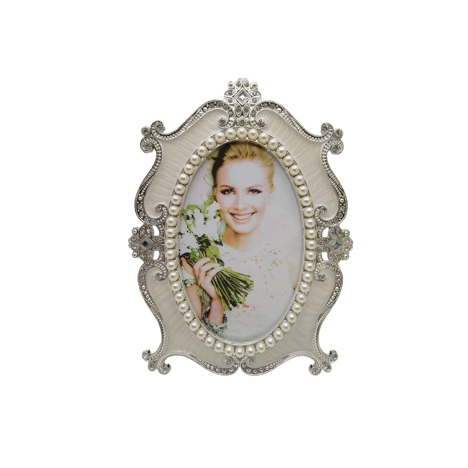 Tsophreniq Antique Metal Photo Frame with Crystal and Pearls Accent for Oval Pictures Holder Home Tabletop Shelf Decors Accent for Oval Pictures Holder Home Tabletop Shelf Decors