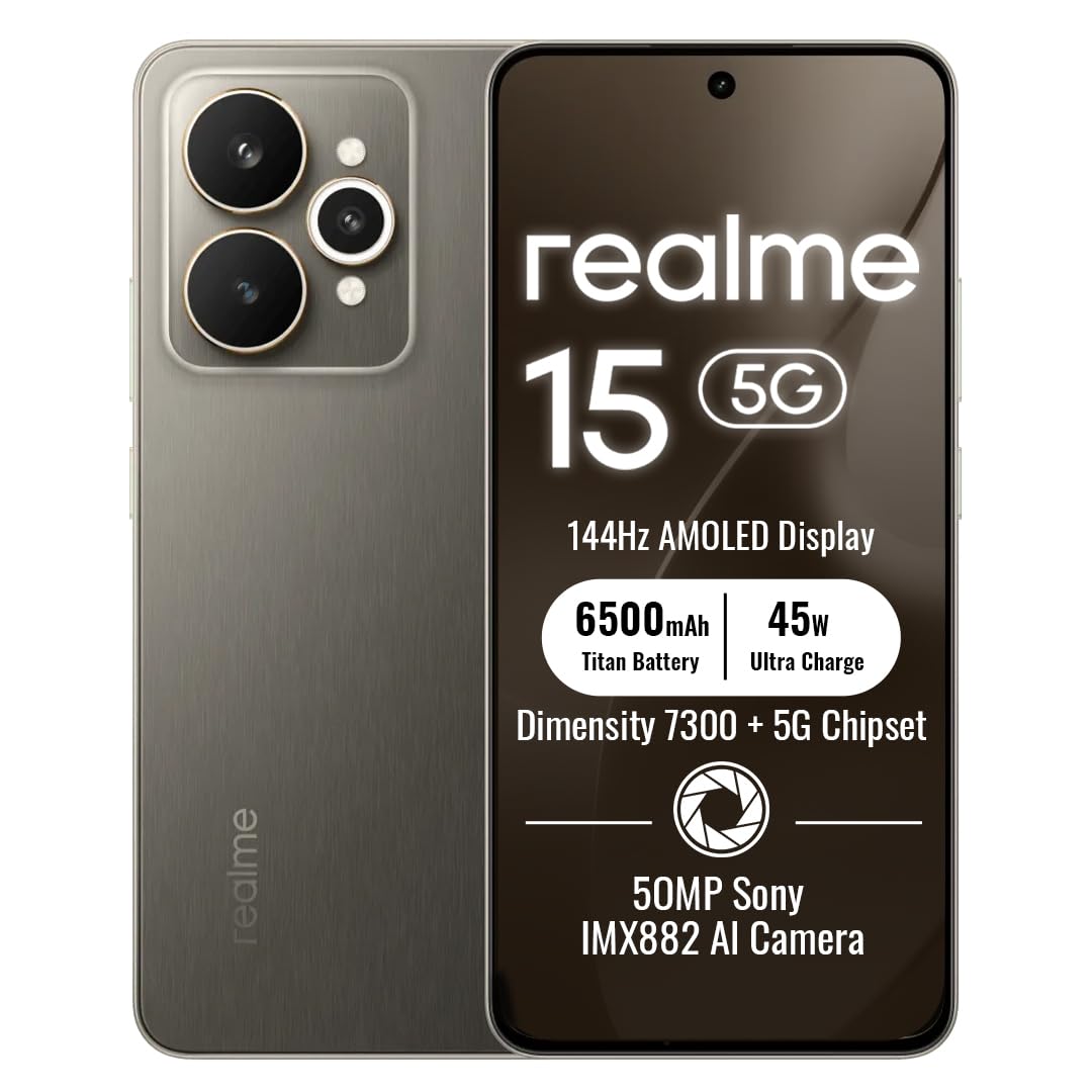 realme 15 5G Smartphone 12+256GB, Titanium | Batteria 6500mAh, Ricarica Ultra Rapida 45W, Display AMOLED 6,77 pollici, 144Hz, Fotocamera AI 50MP, Dimensity 7300+, IP69