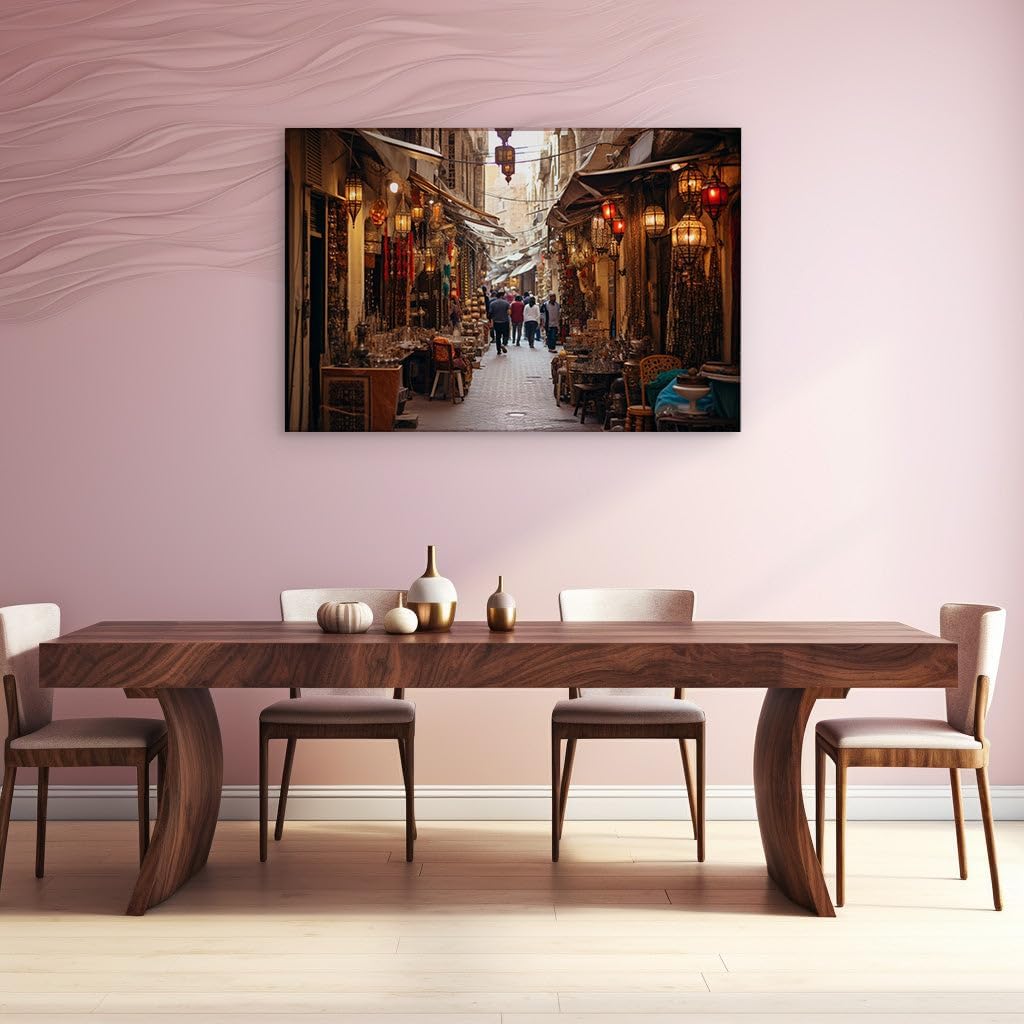Canvas for Living Room. Lantern-Lit Lanes: A Bustling Marketplace Alive with Urban Enchantment, 27 x 18 inch Canvas Wall Art - Modern Home Decor