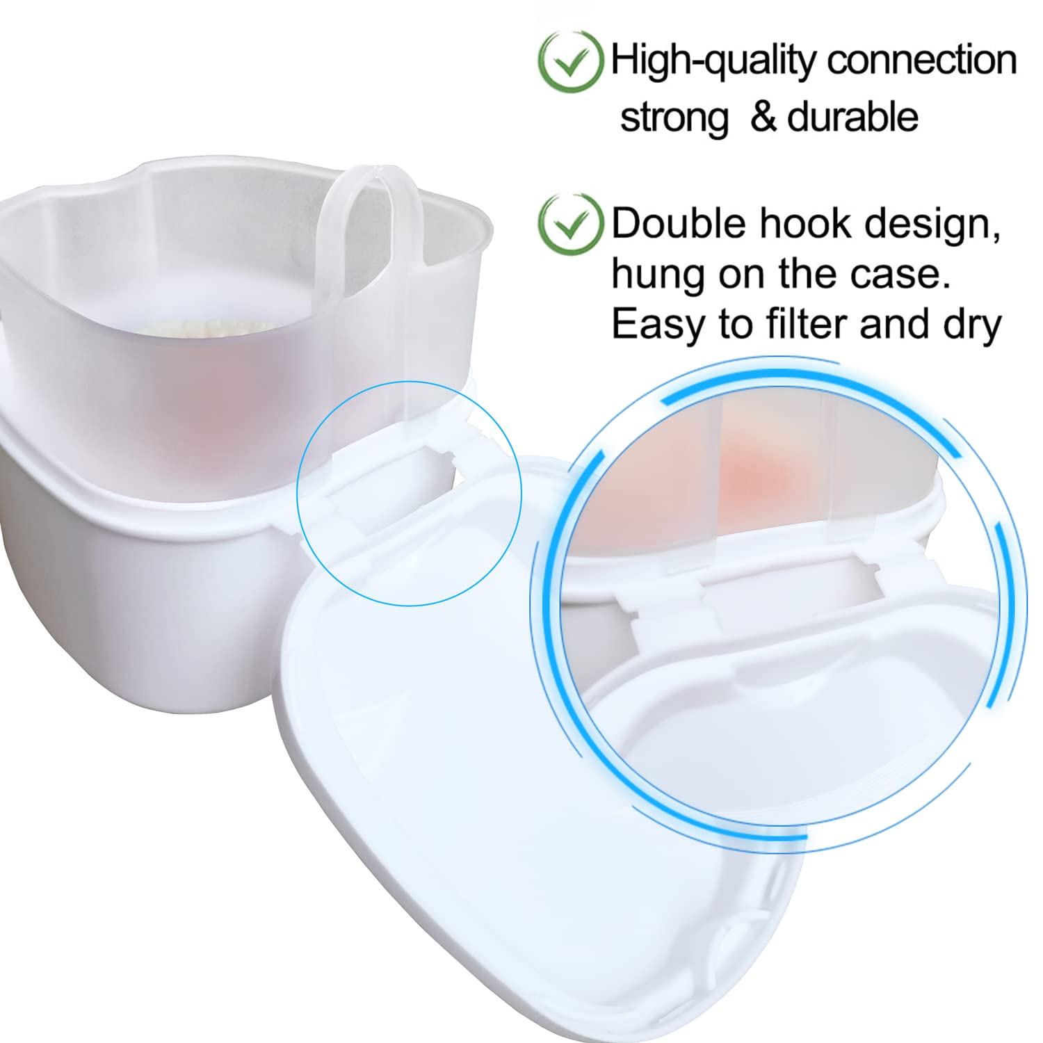 Denture Soaking Box Orthodontic Retainer Bath Case with Strainer Basket, False Teeth Container Dental Denture Bath Box Case Cup for Travel Cleaning - White