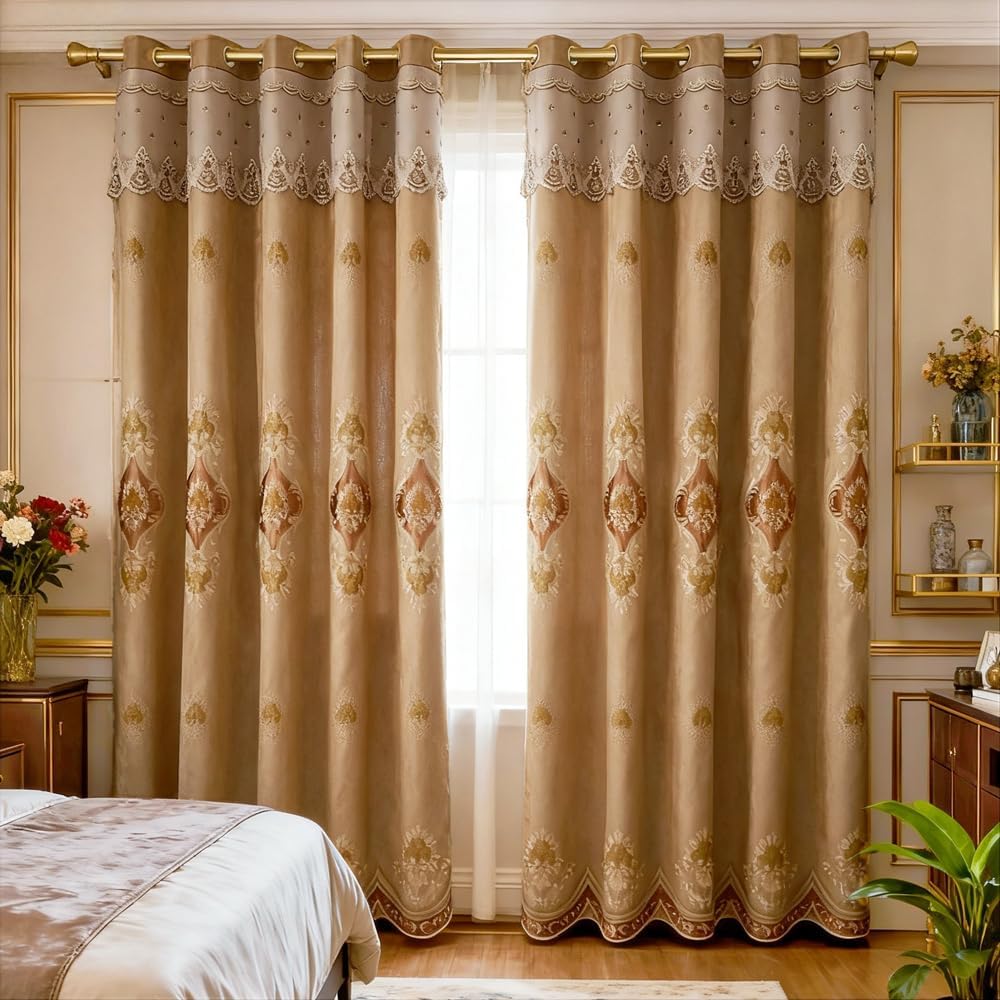 Amidoudou 1 Pair European Luxury Double Layered Curtains with Valances High-Blackout Curtains Embroidered Curtains for Living Room Bedroom Balcony (Coffee,51x90 Inch)