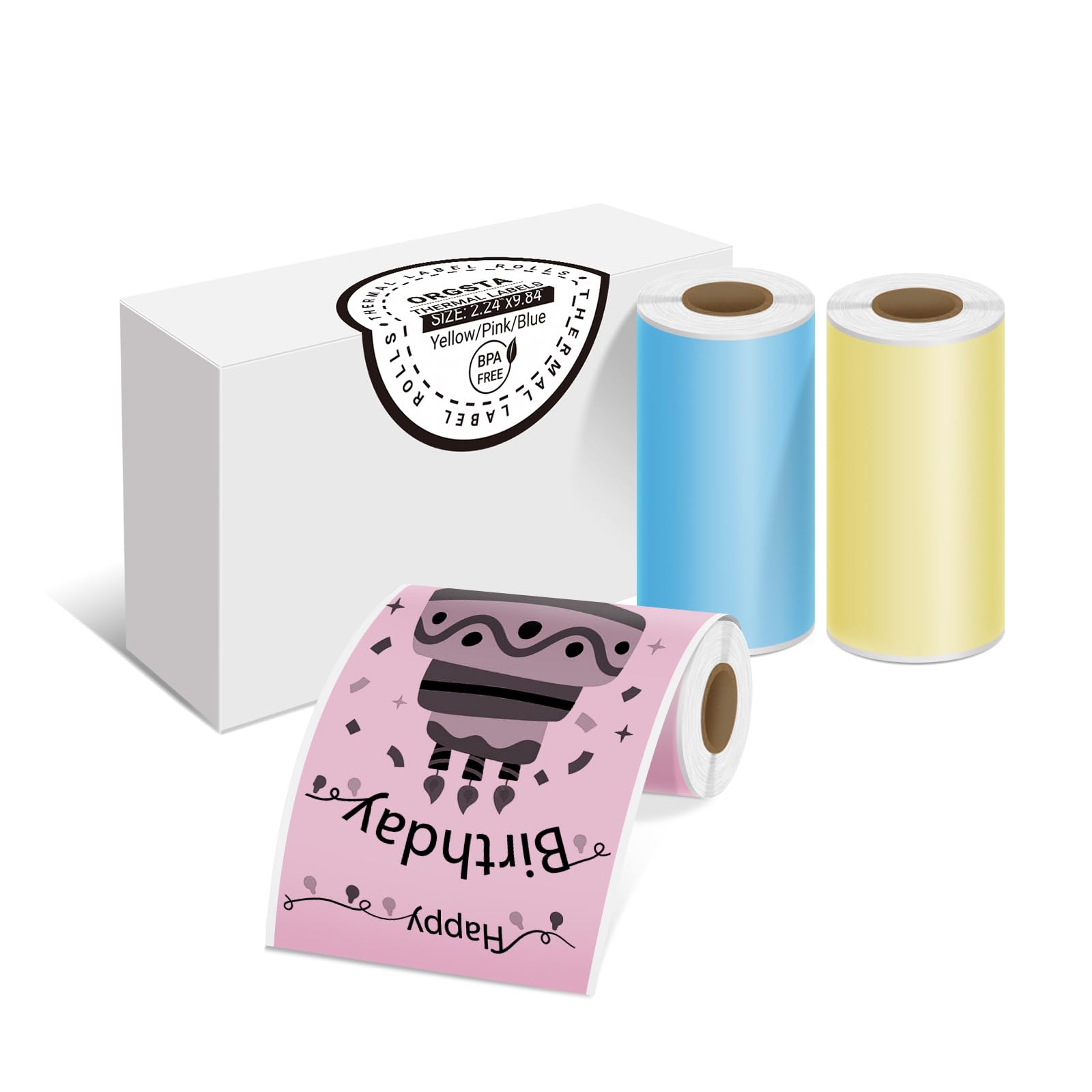 ORGSTA Yellow/Pink/Blue Self-Adhesive Thermal Paper, Printable Sticker Paper for ORGSTA S002 Portable Sticker Printer, 57mm x 3m Mini Printer Paper