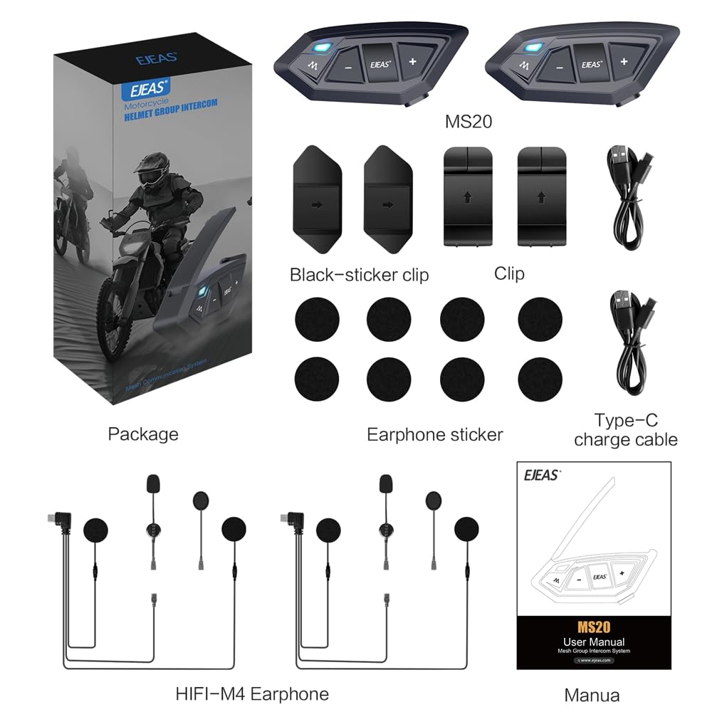 Interfono Bluetooth MS20 per casco da moto, 2000 m, auricolare Bluetooth universale, per casco FM, microfono rigido e morbido, confezione da 2