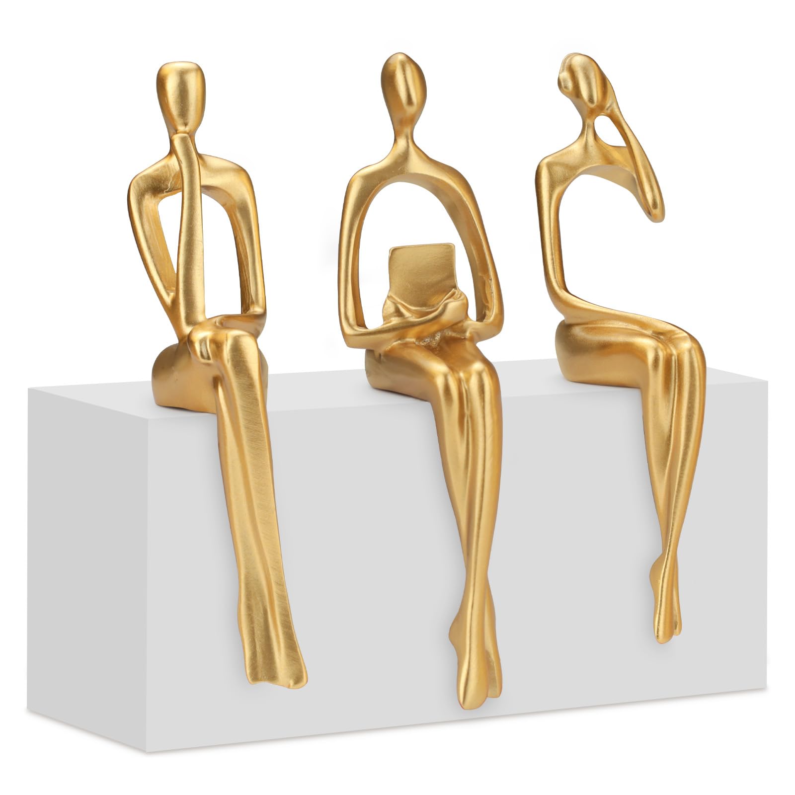 Décoration abstraite moderne dorée : lot de 3 statues de penseur en résine haut de gamme