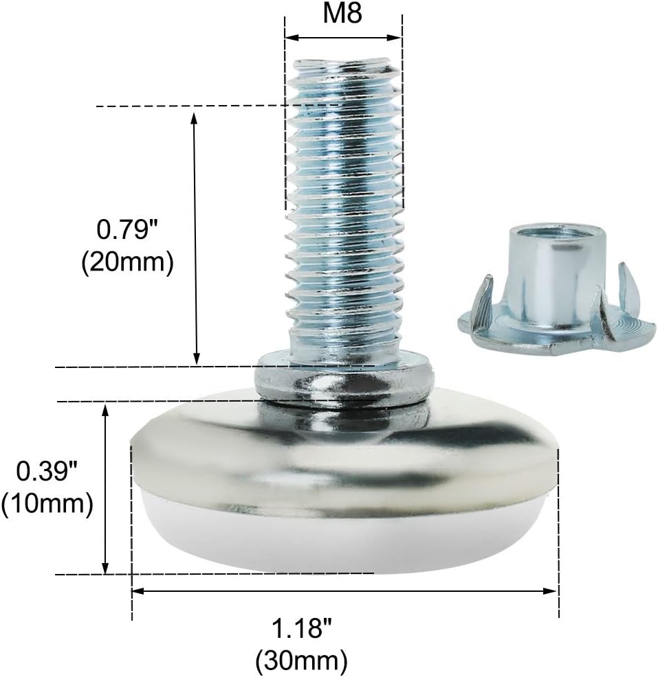 Sourcingmap M8 x 20 x 30mm Screw on Furniture Glide Leveling Feet Adjustable Leveler with T-Nuts for Chair Leg 16pcs - Image 3