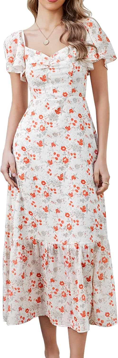 GLNEGE Women's 2025 Summer Midi Floral Boho Dresses Casual Flowy Beach Short Sleeve Dress Ruffle Hem Smocked Sundresses