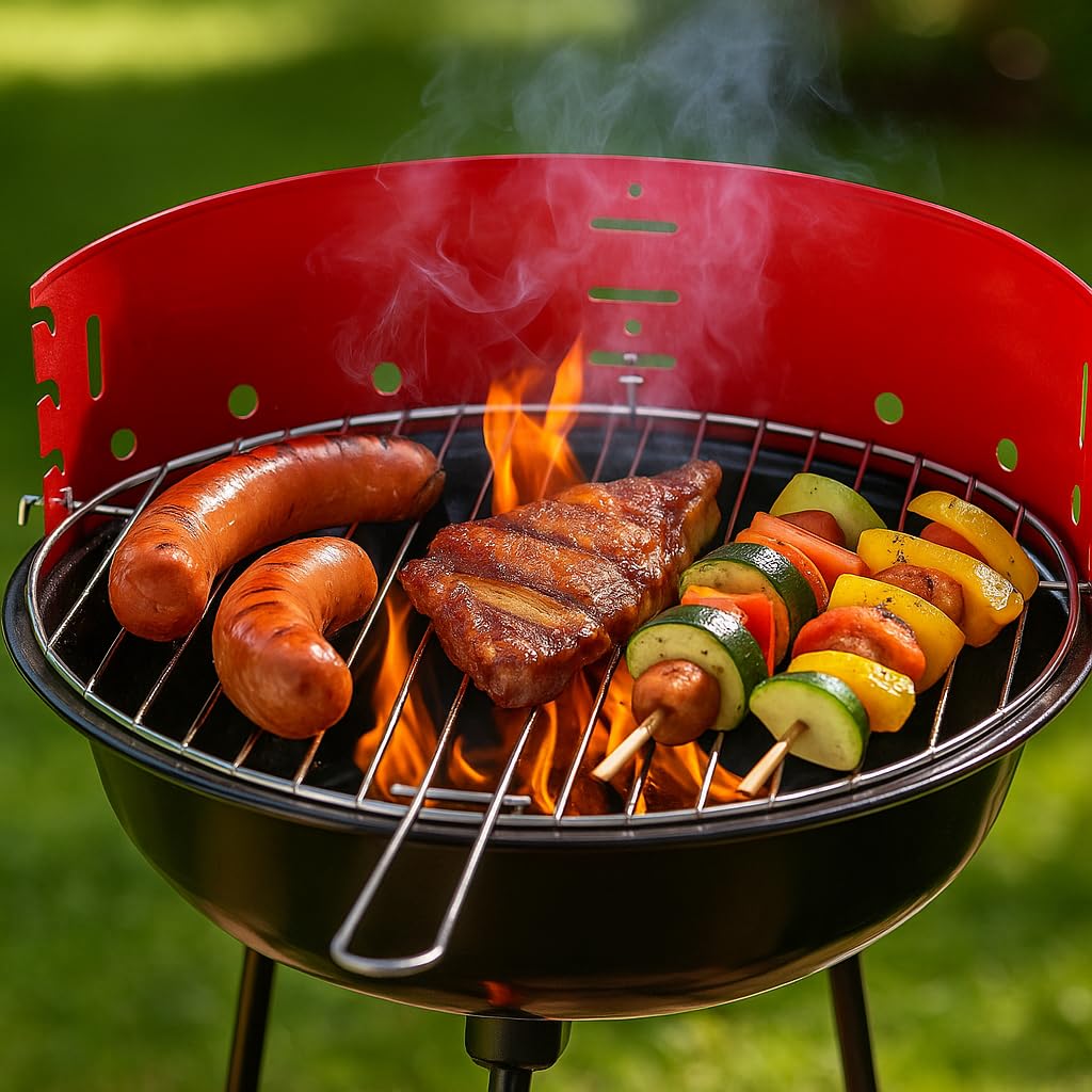 Barbecue a Carbonella ECO – Ø 35 cm x 45 cm h – In Acciaio Verniciato con Griglia Cromata Regolabile e Paravento – Compatto, Leggero, Facile da Montare – Lemag SRL