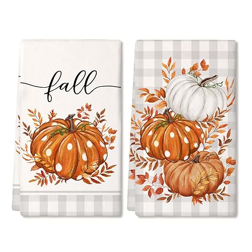 ARKENY Fall Kitchen Towels Set of 2,Orange Pumpkin Grey Buffalo