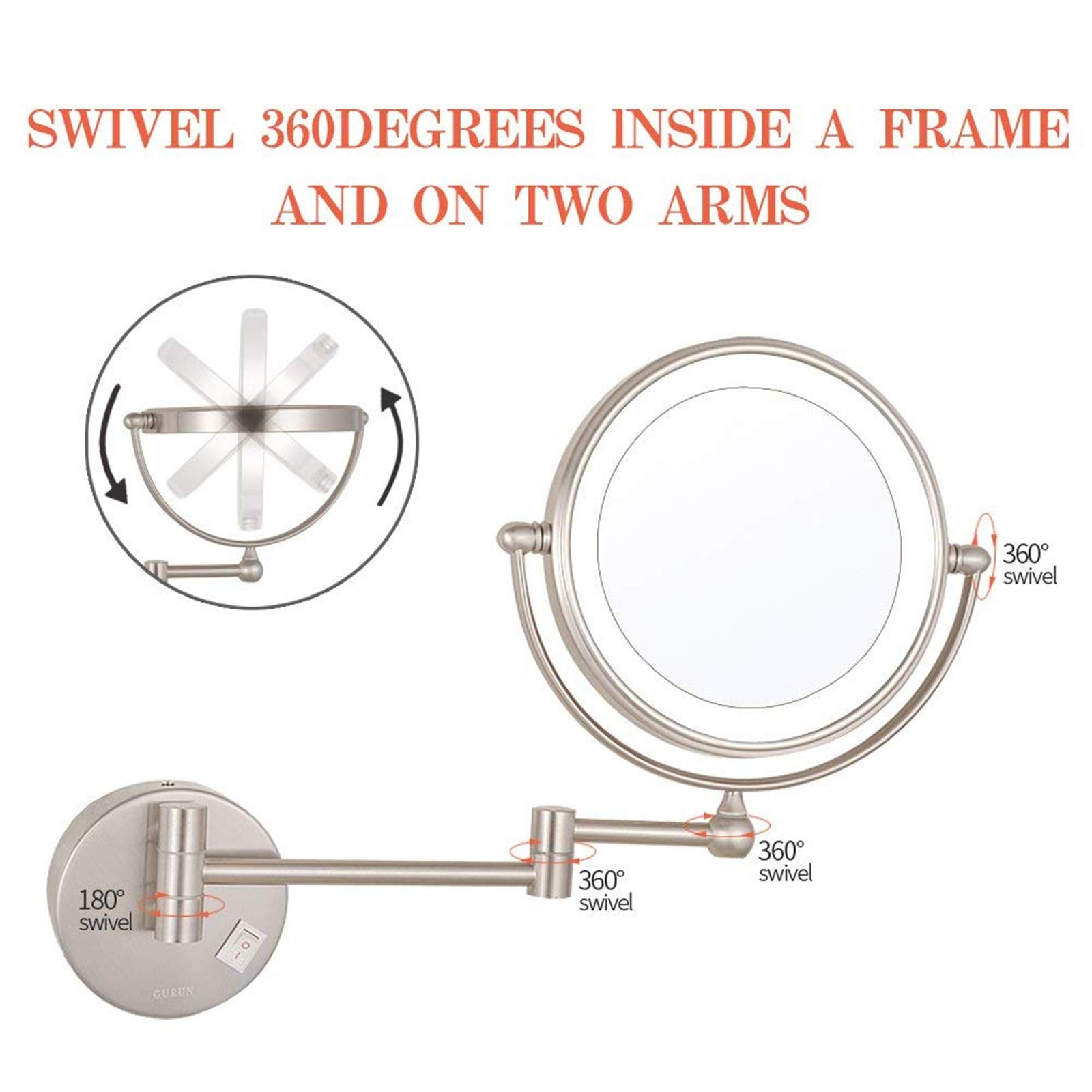 Aan de wand gemonteerde make-upspiegel, make-upspiegel met licht en vergroting, 8 inch LED-badkamerijdelheid dubbelzijdige spiegel 360° draaibaar, Silver, USB Charging 3X