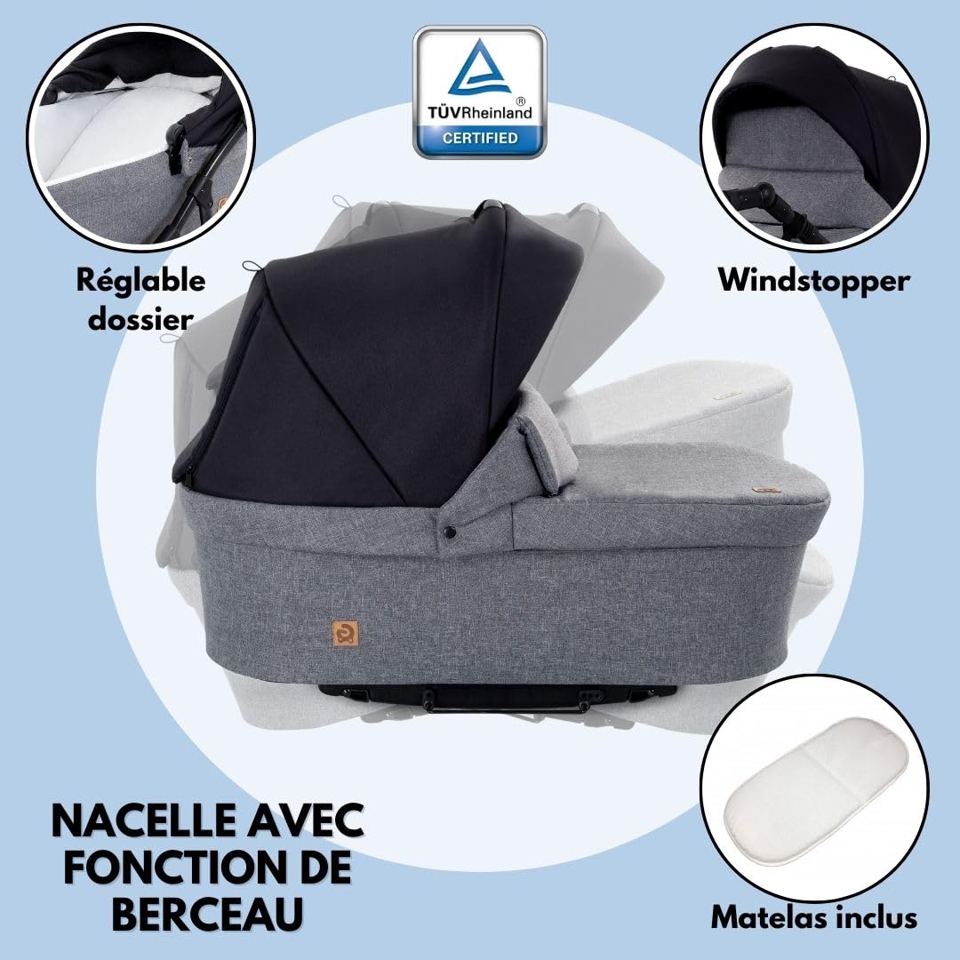 Poussette combinée 3 en 1 Boston avec nacelle, siège-auto et accessoires, Landau Certificat TÜV, Noir