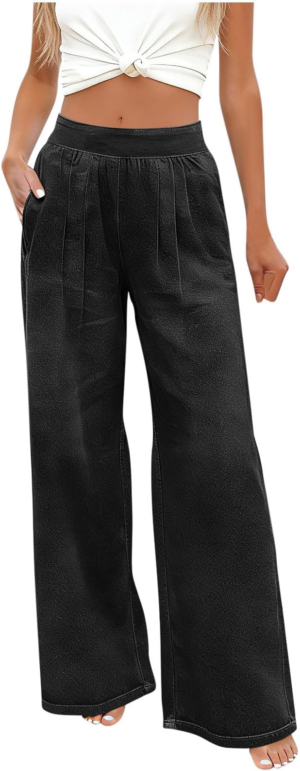 Wide Leg Jeans for Women UK High Waisted Pull On Stretch Comfy Palazzo Trousers Casual Fashion Gym Denim Pants with Pockets for Every Wear