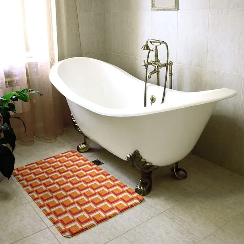 TRP Beautiful Modern Timeless Design Rectangle Non Slip Orange Red White Bathroom Rugs Size 17 x 24 Foam