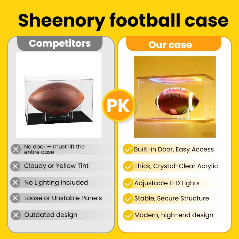 Image of Acrylic Football Display Case with LED Lights,Dustproof Memorabilia Display Box Showcase for Full Size Football with Removable Ball Stand&UV Protection (Black 12.6x7.5x7.5 inch)