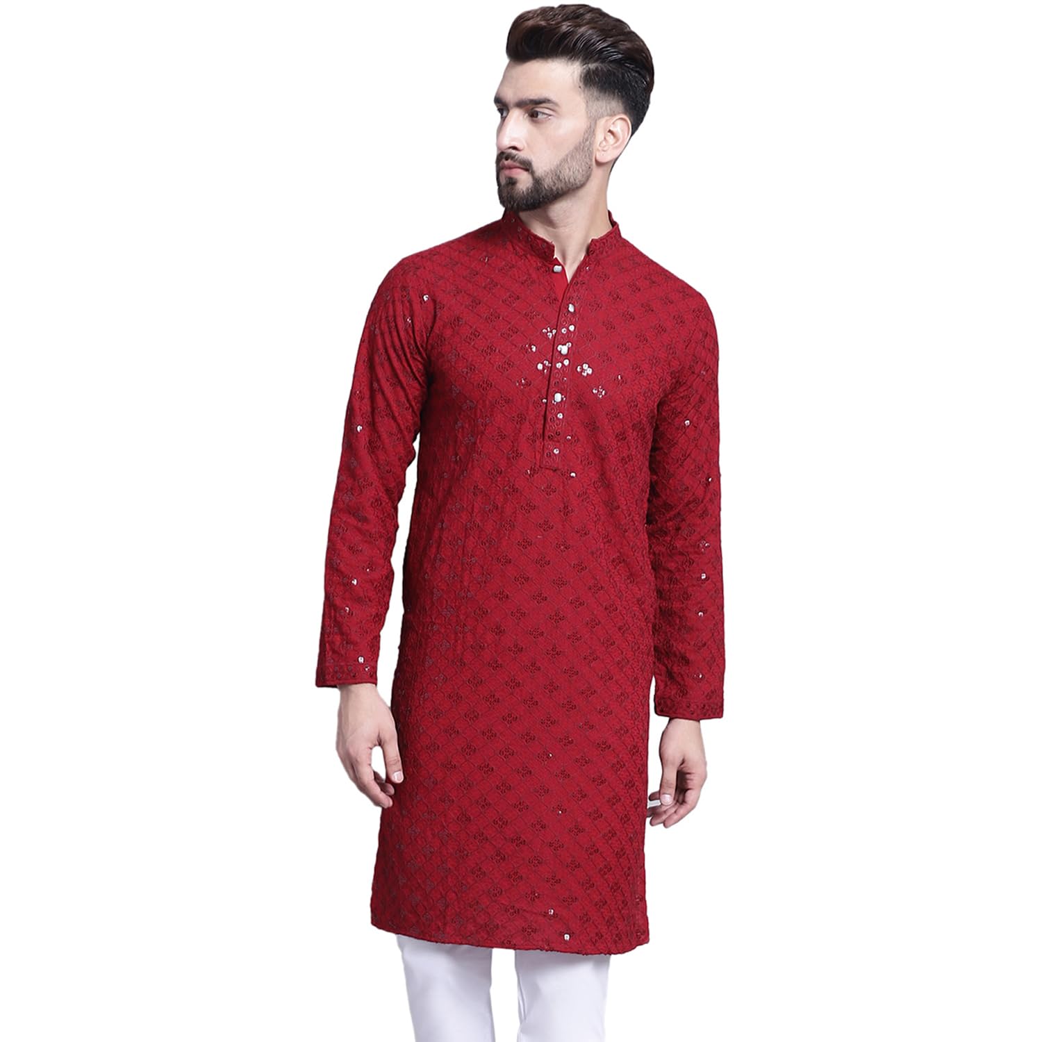 Sojanya (Since 1958 Men's Pure Cotton Maroon Embroidered 4Booti Sequence Kurta