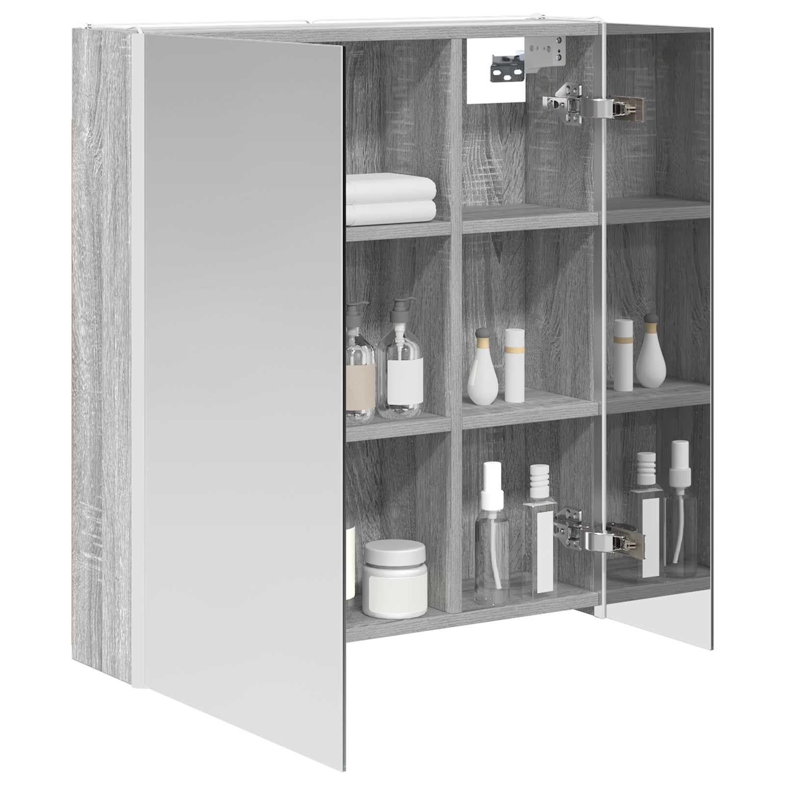 Sonoma szafka łazienkowa z lustrem szara, 63,5 x 15,5 x 70 cm, materiał drewnopochodny z oświetleniem LED, montaż na ścianie, regulowane półki i miejsce do przechowywania mebli łazienkowych