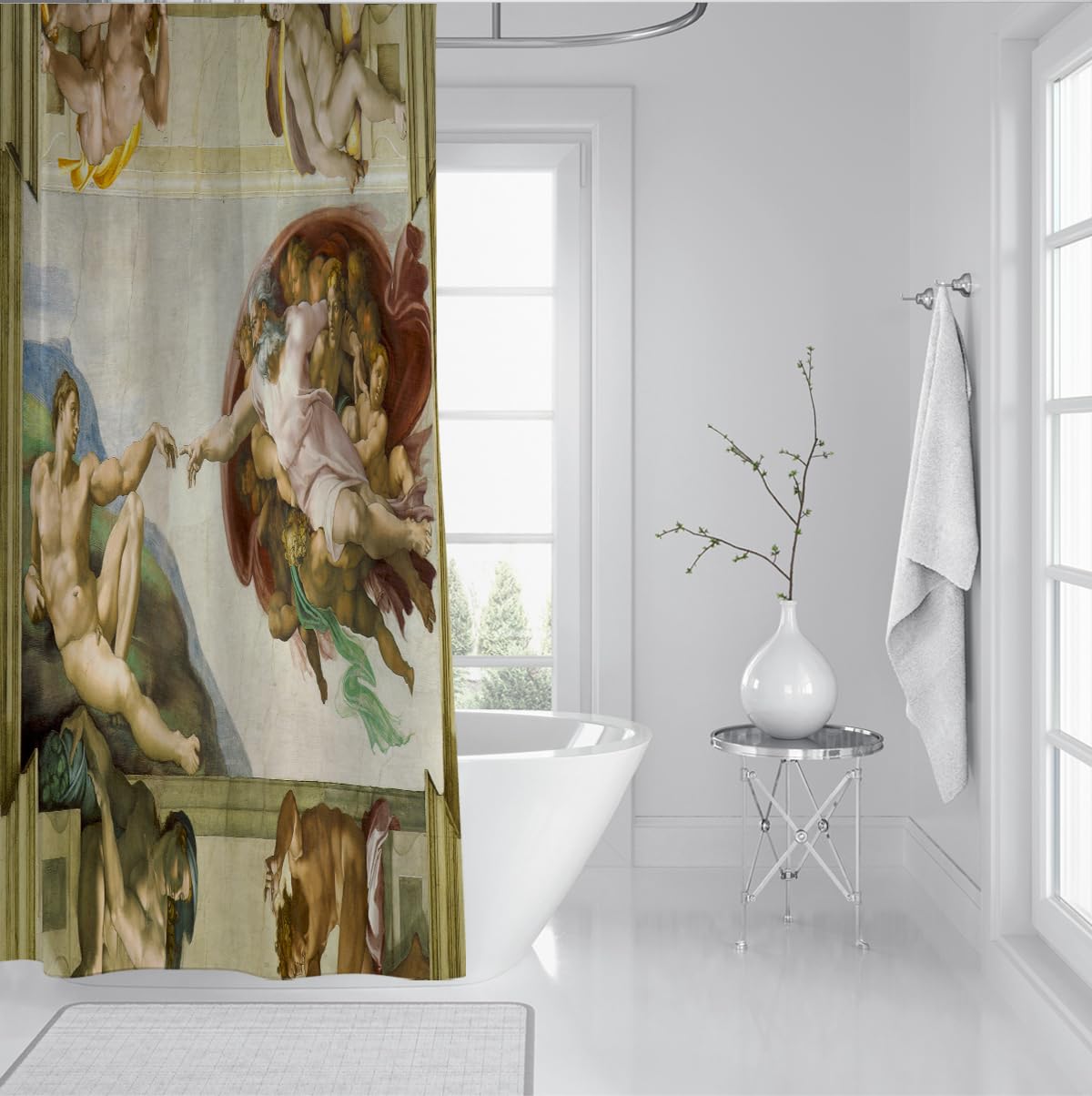 La création du Rideau de Douche Adam Renaissance avec des Crochets en Forme de C, séchage Rapide pour la décoration des Toilettes, Style célèbre de Peinture à l’Huile 180 x 180 cm