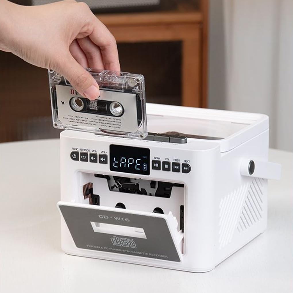 Lettore CD con altoparlante Bluetooth bidirezionale, suono HIFI, schede TF, modalità unità USB, batteria a lunga durata, modalità nastro ABS, bianco, Ha la funzione nastro