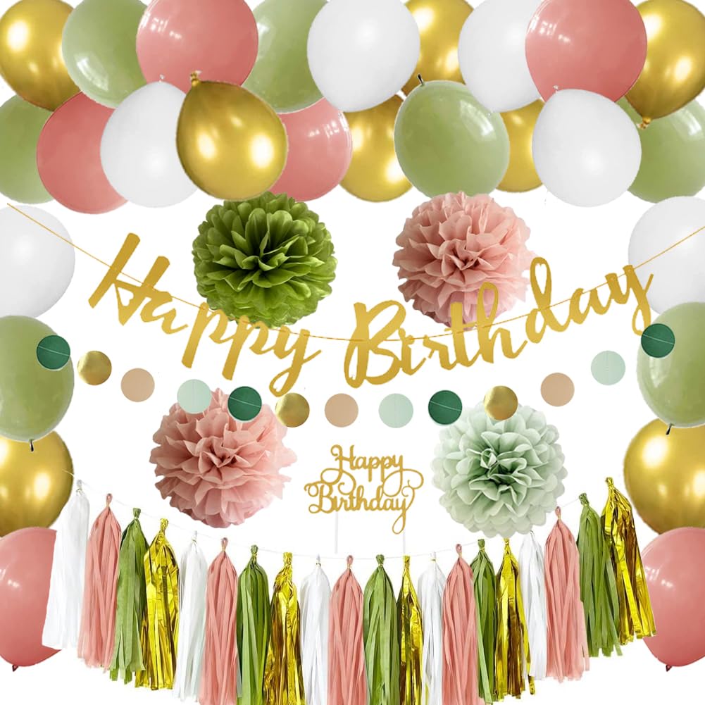 Amazon.com: Sage Green and Pink Birthday Decorations with Happy ...
