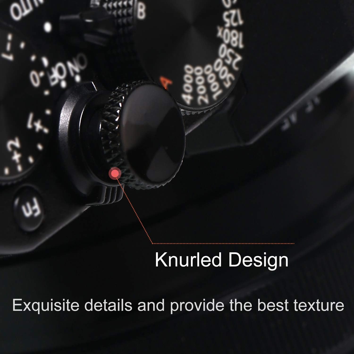 Close-up of a camera shutter button showing its knurled design for better grip and texture.
