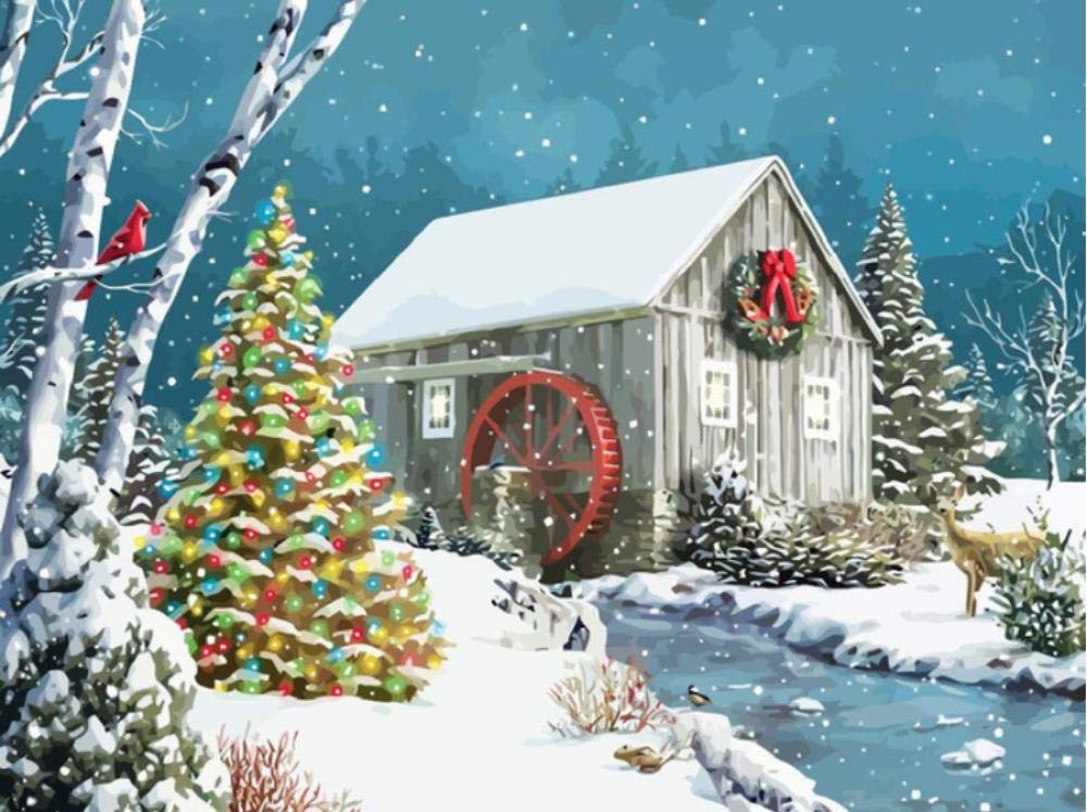 Peinture par numéros paysage de Noël pour évacuer le stress grâce au dessin sur toile d'hiver