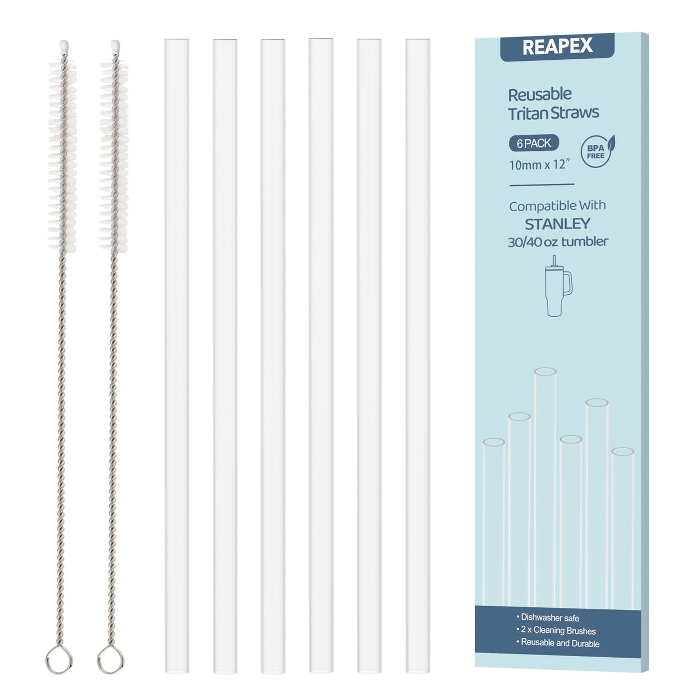 REAPEX Stanley 交換用ストロー スタンレー 繰り返し タンブラー用 30/40オンス対応, 30cm, Tritan材質, BPAフリー ＆食品グレードのプラスチック製で, 透明プラスチック ロングストロー 6本セット, クリーニングブラシ2本付き (丸型)