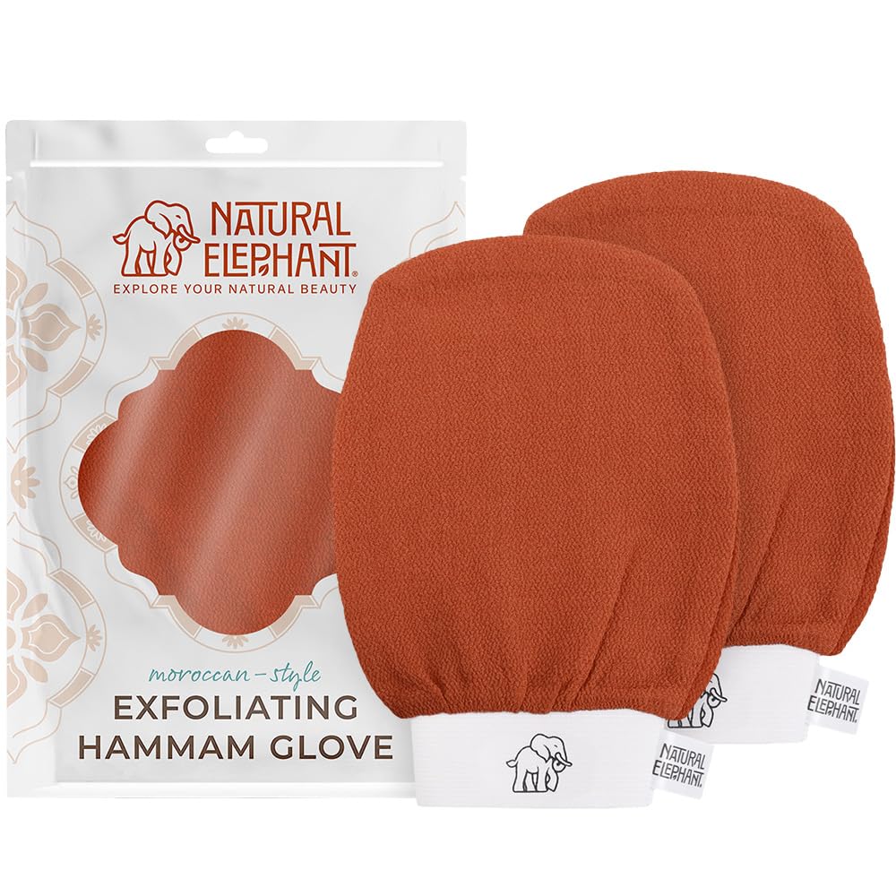 Natural Elephant Exfoliating Hammam Glove | Authentic Moroccan Kessa Body Scrub Mitt for Spa-Quality Skin Renewal | Burnt Orange 2 Pack