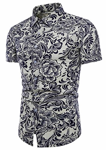 AIEOE Men's Hawaiian Flower Print Button Down Short Sleeve Casual Shirt Black 2XL