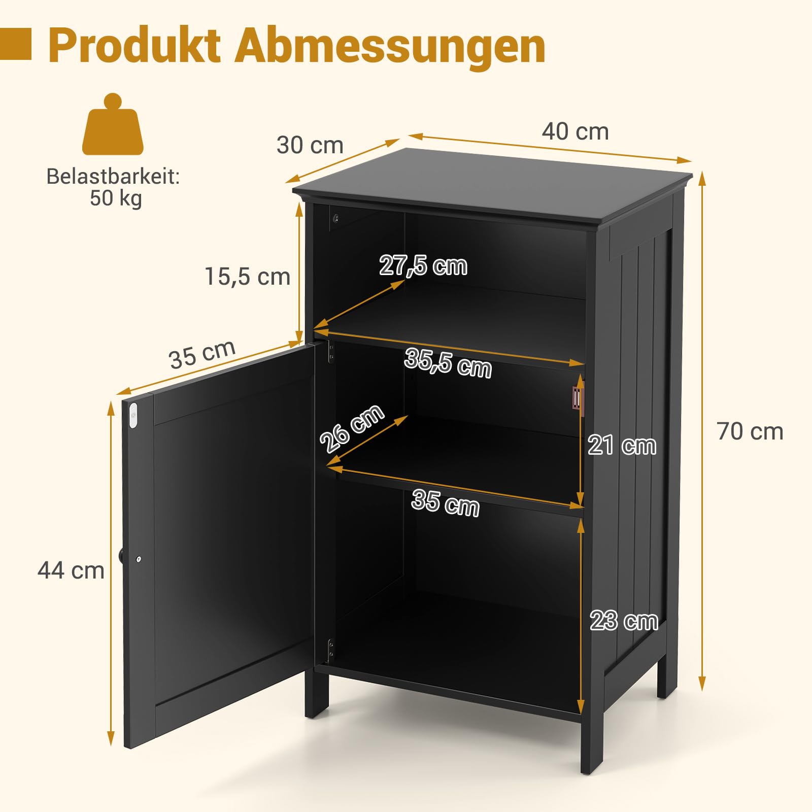 COSTWAY Badezimmerschrank, Badschrank mit Tür und verstellbarem Regal, Badezimmer Schrank freistehend, Aufbewahrungsschrank Holz für Badezimmer, Wohnzimmer, 40 x 30 x 70 cm (schwarz)