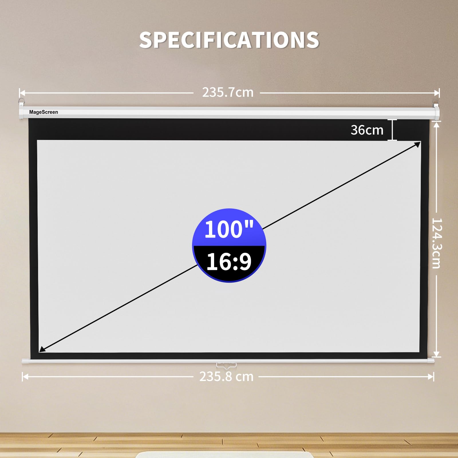 Manueller Beamer Rollo 100 Zoll (229.4 x 164 cm) 16:9 Weiß 4K HD