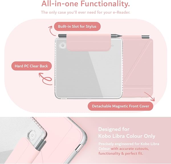 TUDIA M-FLIP Detachable Clear Magnetic Case for Kobo Libra Colour (2024) - [Auto Wake/Sleep] Shockproof Slim Transparent Back Magnetic Fold Cover with Stylus Holder (Pink) - 3