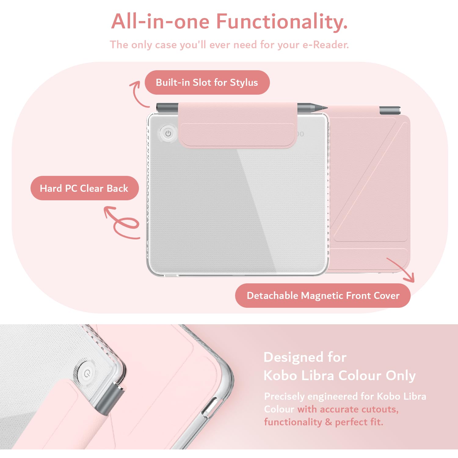 TUDIA M-FLIP Detachable Clear Magnetic Case for Kobo Libra Colour (2024) - [Auto Wake/Sleep] Shockproof Slim Transparent Back Magnetic Fold Cover with Stylus Holder (Pink) - 3