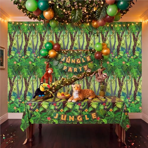 Image of Kochorie 100 Ft x 54 Inch Rainforest Party Tablecloth Roll with Cutter Box | Waterproof Plastic Jungle Table Cover for Tropical Greenery Party Supplies Decorations