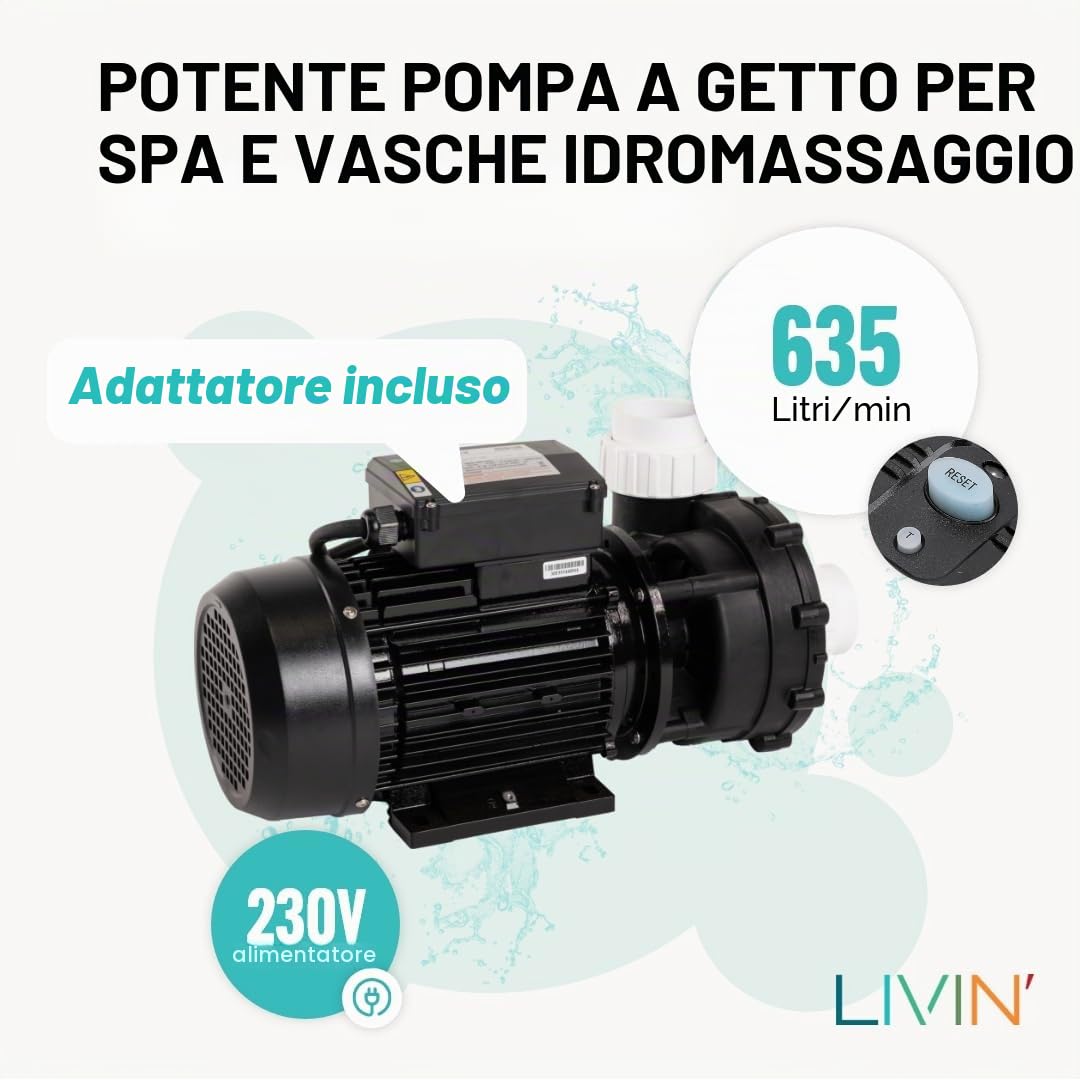 LIVIN LP250 - Pompa per vasca idromassaggio, 1,85 kW/2,5 HP e 600 l/min, pompa per piscina da terra con 230 V/50 Hz e pompa jet, senza rumore