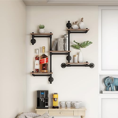 Miniatura 8 de MAIKAILUN Estantería industrial flotante para montar en la pared, estantería rústica y moderna de madera de 5 capas, estantería colgante para el