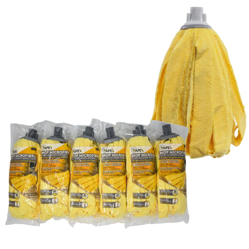 Apex Set 6 Mop Microfibra con Paracolpi in Gomma – Lavapavimenti Professionale da 165g – Ideale per Parquet e Superfici Delicate – Attacco Universale – Alta Assorbenza