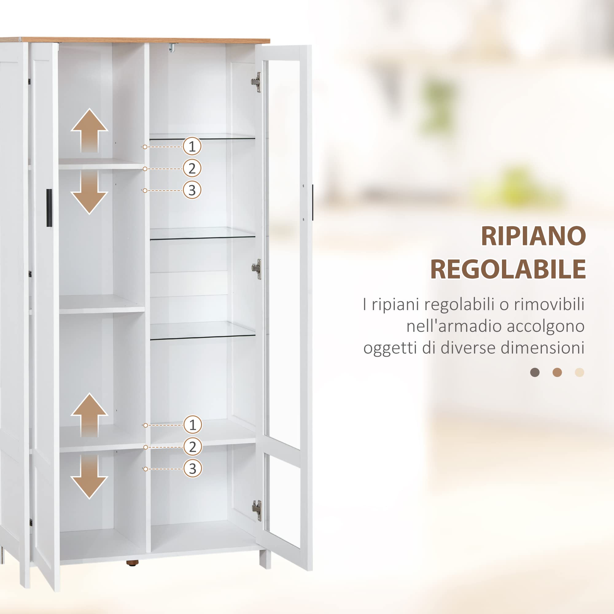 HOMCOM Credenza Cucina a 9 Ripiani Regolabili con Ante in Vetro e Base Rialzata, Mobile Cucina in Legno, 76x36x160 cm, Bianco