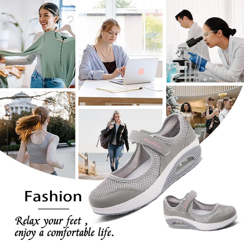 Women's Mesh Air Cushion Adjustable Nurse Shoes Comfortable Hollow Breathable Working Orthotic Wedges Mary Jane Lightweight Out Granny Non-Slip Walking Shoe4