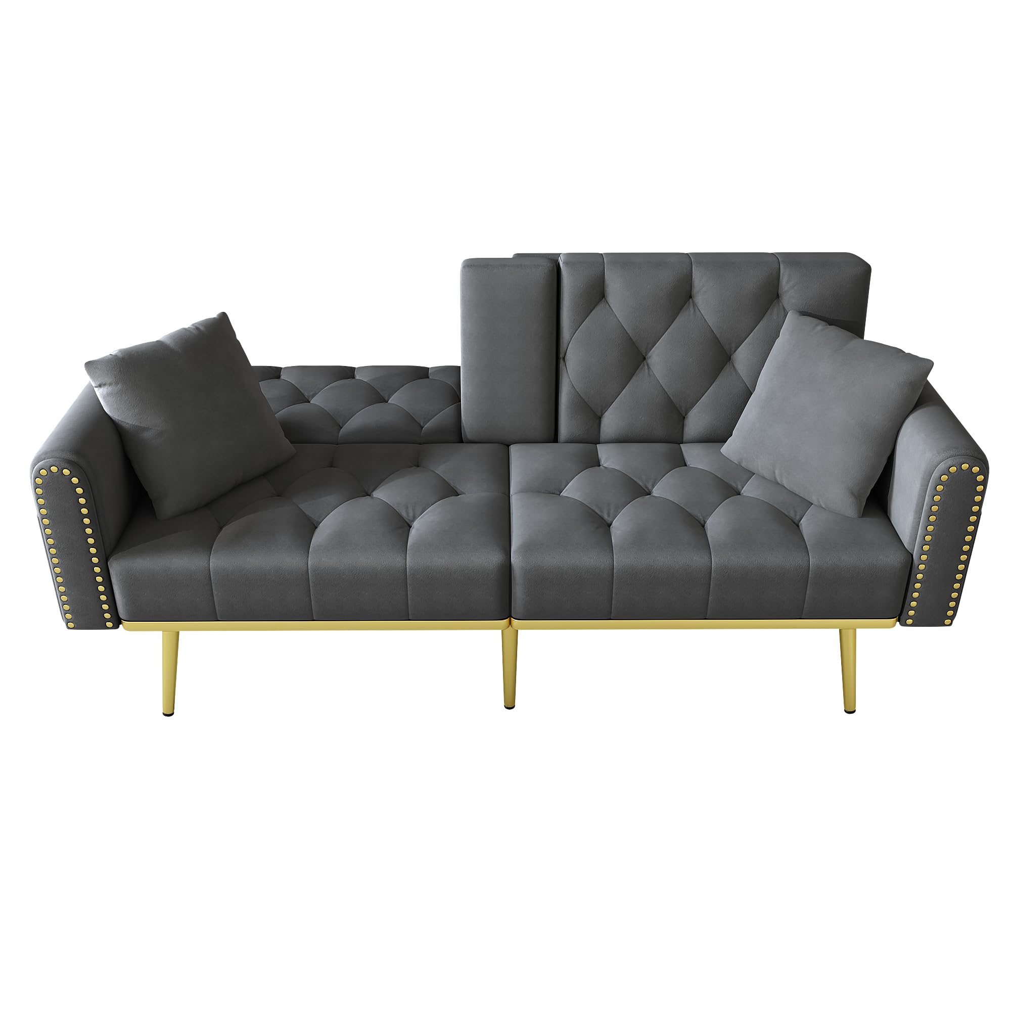 Schlafsofa 2 Sitzer mit Schlaffunktion, Schlafcouch 2-in-1 verstellbare, DREI verstellbare Neigungswinkel und Getränkehalter, Geeignet für Wohnzimmer, Gästezimmer aus Samt, Grau