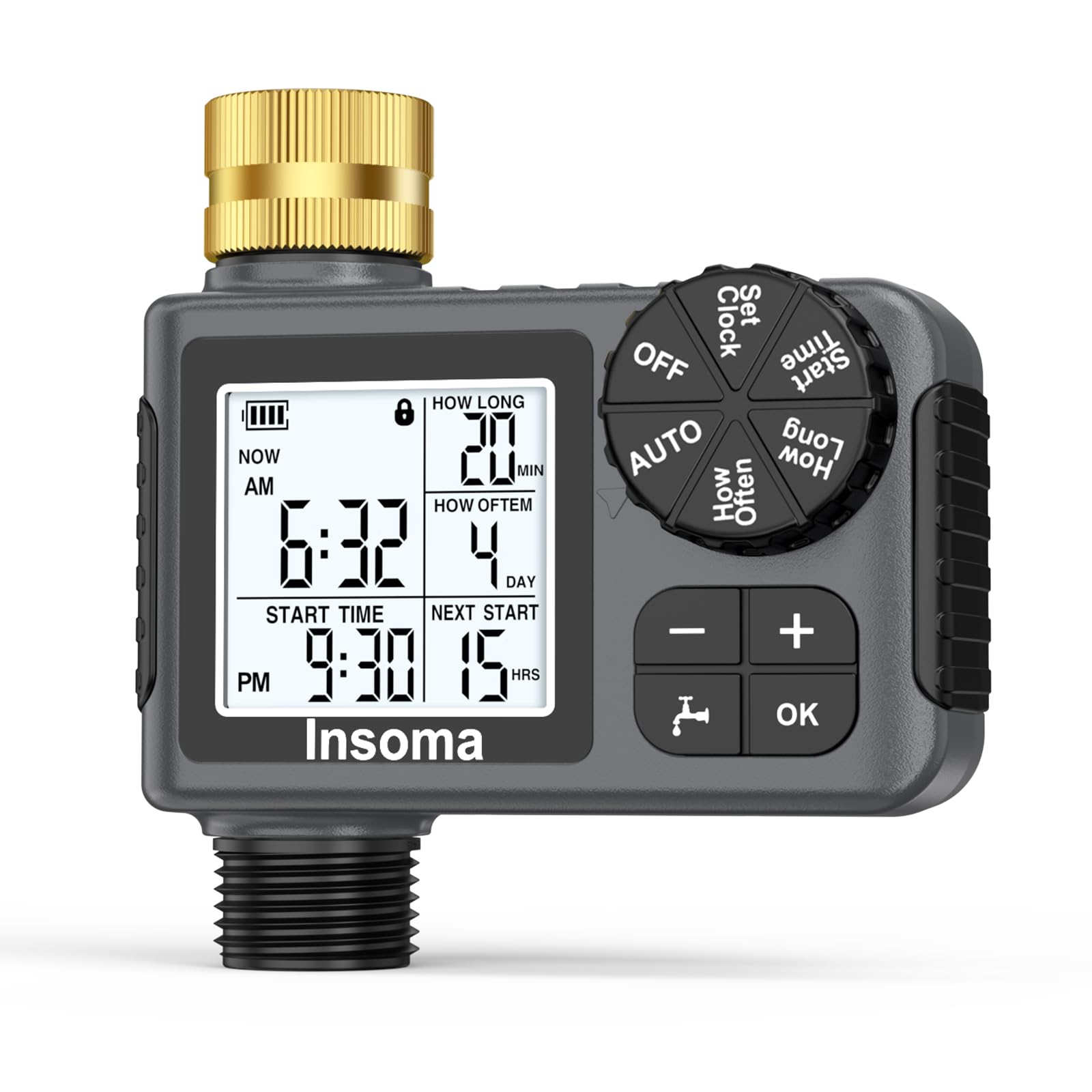 Timer irrigatore con ingresso e uscita in ottone, timer per acqua per tubo da giardino con modalità auto/manuale/ritardo pioggia, facile installazione timer per prato, giardino, irrigazione vacanze, 1