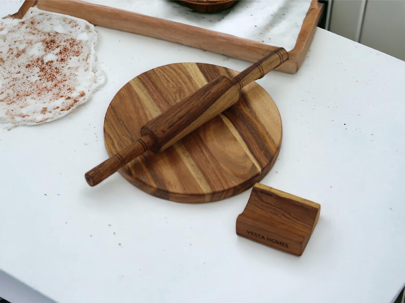 Vesta Homes Wooden Chakla Belan Set for Kitchen | Premium Solid Wood Roti Rolling Board and Pin with Stand | 9 * 9 * 1.5, 13 * 1.75 Inches | No Chemical Polish | Handcrafted in India