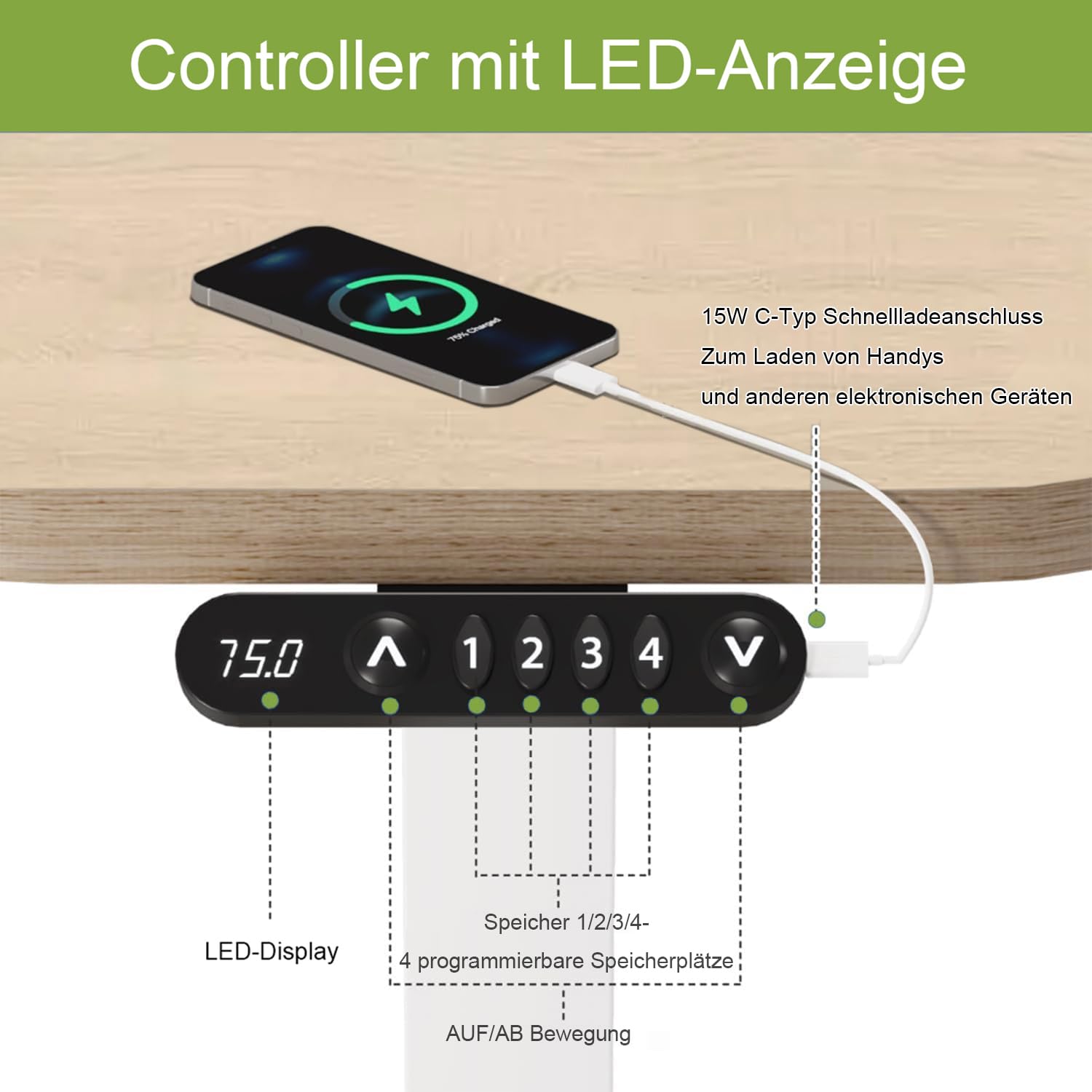 Radlove Escritorio de altura regulable eléctricamente con USB-C y pantalla LED, 71 x 46 cm, escritorio de pie con ruedas, mesa portátil de altura ajustable, aspecto de madera