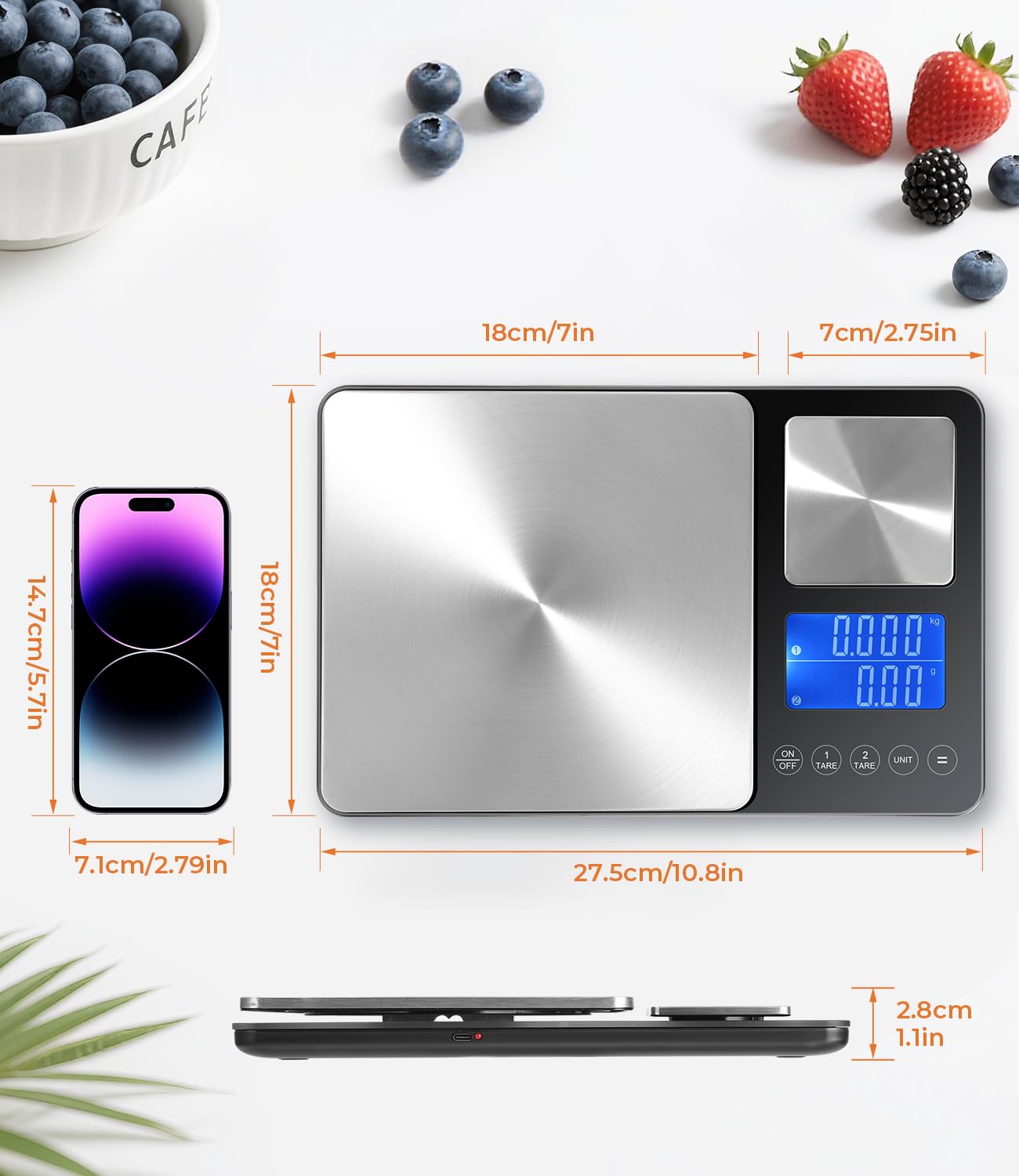 Balance de Cuisine Numérique à Double Plateforme, précision gramme, Rechargeable USB ou Piles, Inox, 7 Unités, Écran LCD – Idéale pour Pâtisserie, Café, Cuisine Maison