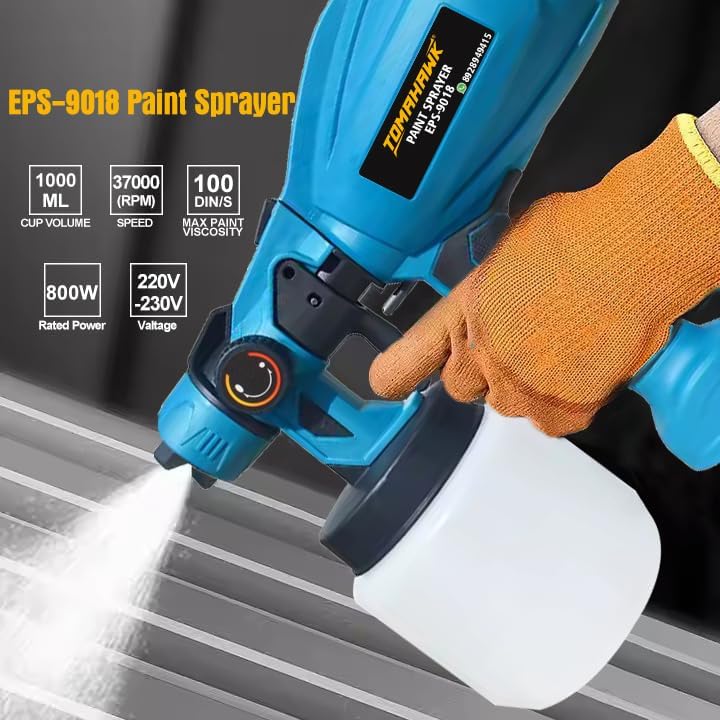 Image of Tomahawk EPS-9018 Heavy-Duty 800W Electric Paint Sprayer | 37000 RPM Motor, 3 Nozzles (1.5 /2.0 /2.5mm), 1000ml Tank, HVLP Spray Gun with Flow Control for Walls, Furniture & DIY Projects