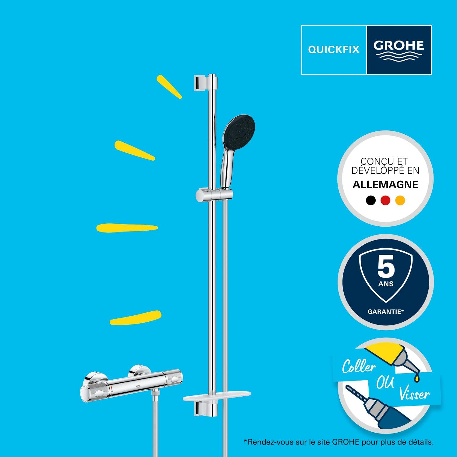GROHE Precision Feel Mitigeur Thermostatique Douche, Ensemble de Douche 3 jets avec barre 90cm et Tablette, Economie d'eau, Chromé, 34853001