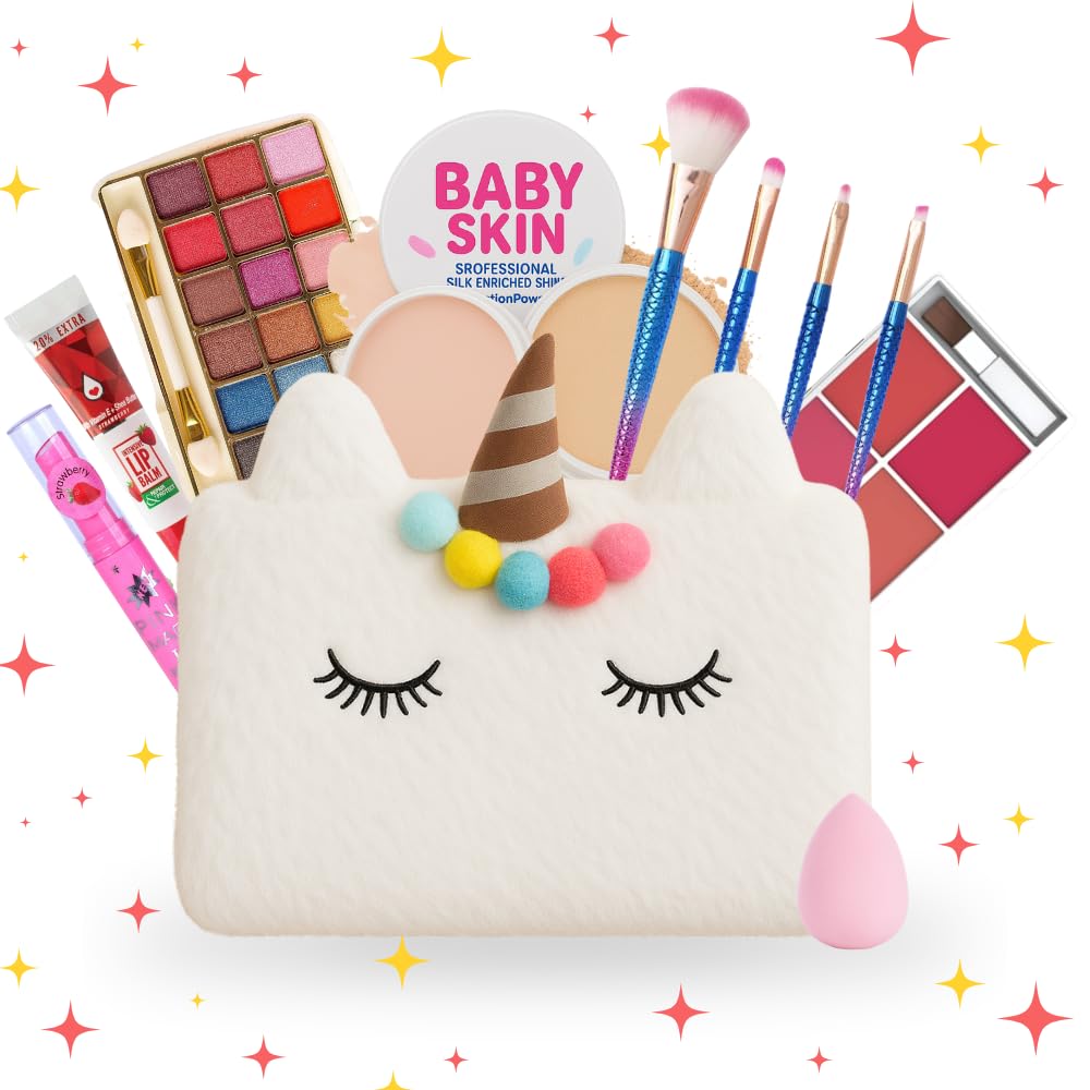 Real Makeup Kit for Girls & Teens – 15 PCS Safe & Washable Beauty Set with Unicorn White Sling Bag – Non-Toxic Cosmetics for Ages 7–16 – Gift Set with Brushes, Lip Gloss, Eyeshadow & More-picture-27