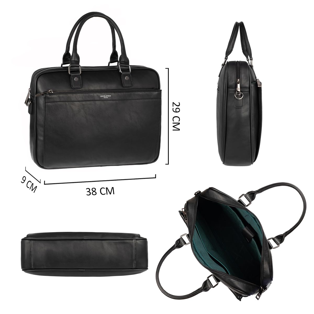 David Jones - Sac à Main Business Porte-Document Homme Simili Cuir PU - Cartable Travail Sacoche Ordinateur Portable Multi Poche - Mallette Serviette Affaires Professionnel Epaule Bandoulière - Noir