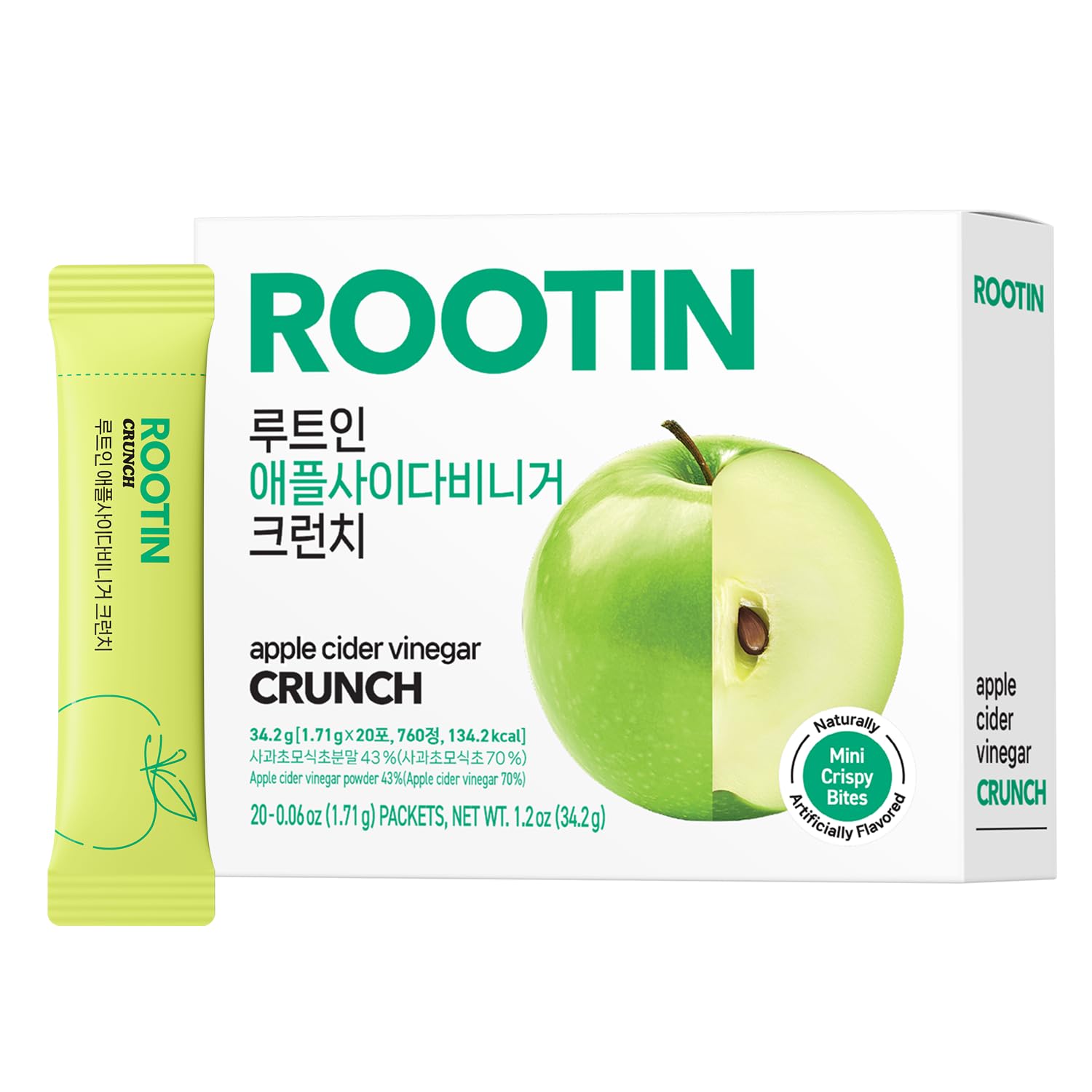 ROOTIN Apple Cider Vinegar Crunch, 43% ACV Powder, Sweet Chewable After-Meal Refreshing Snack, Waterless Portable Stick Packs, Low Calorie Crunch Snack, 20 Sticks (1.2 oz)