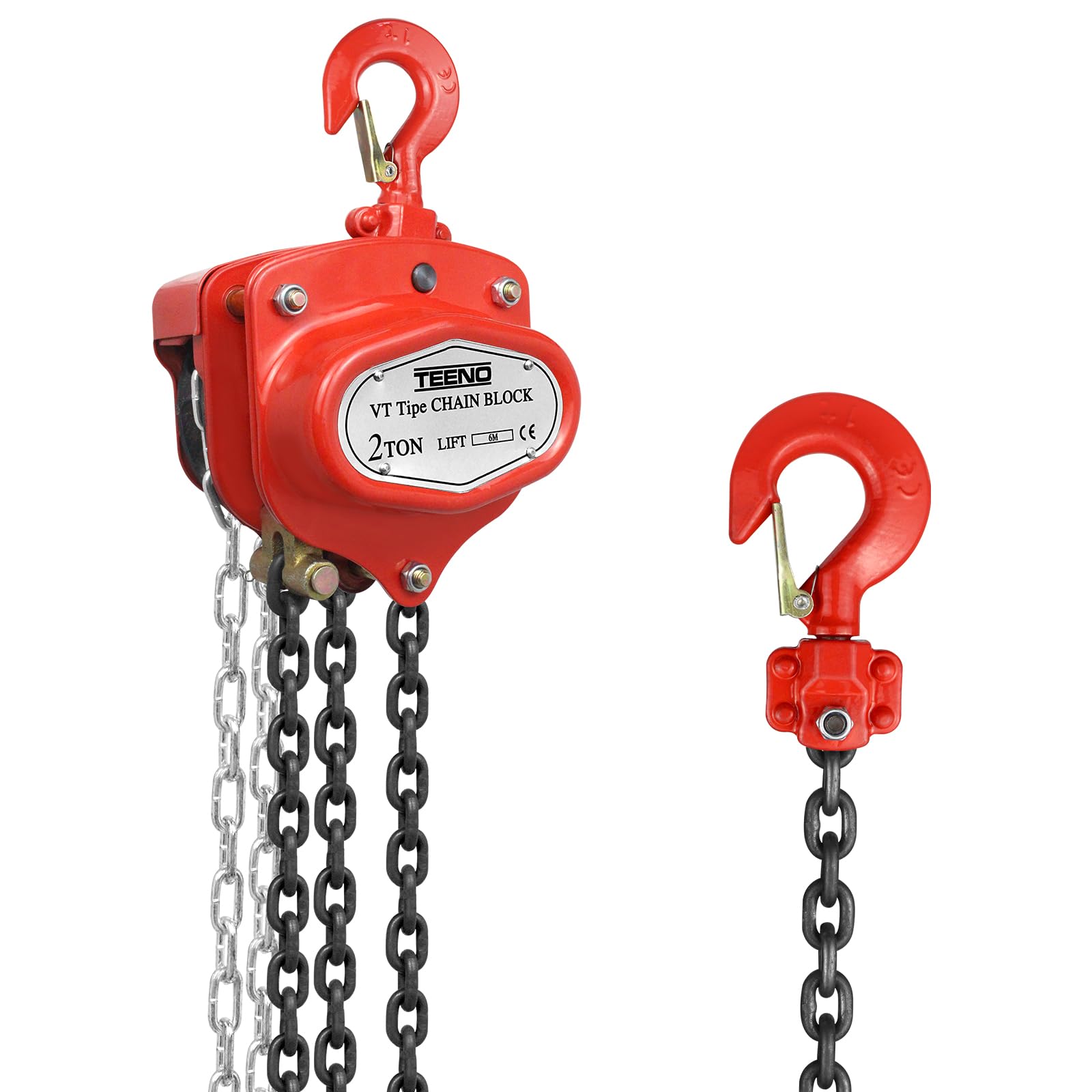 TEENO VT Palan à Chaîne Manuel - Capacité de Levage 2 Tonnes, Hauteur de Levage 6 Mètres, Frein à Double Ratchet Mis à Jour, Chaîne en Acier Manganèse G80 - Pour Toutes Vos Besoins de Levage (2T6M)