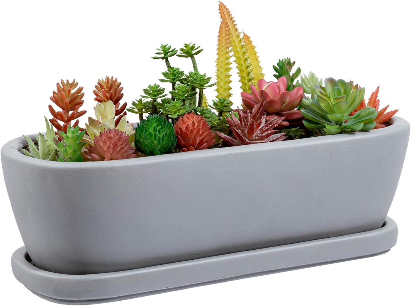MyGift 14 Inch Oval Modern Gray Concrete Succulent Planter Pot with Drainage Hole and Removable Saucer, Decorative Cement Indoor House Plant Container for Flowers, Cactus, Herbs