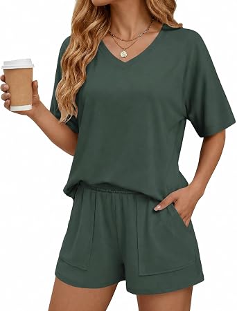Ekouaer Womens 2 Piece Pajama Set V Neck Top and Shorts